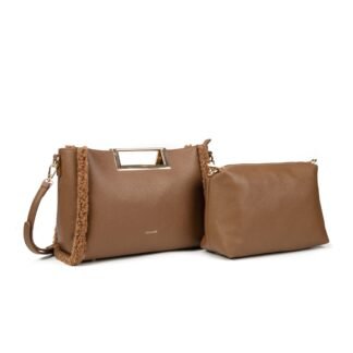 Bolso elegante con asa de metal, adorno de borreguito, neceser interior y cierre de cremallera